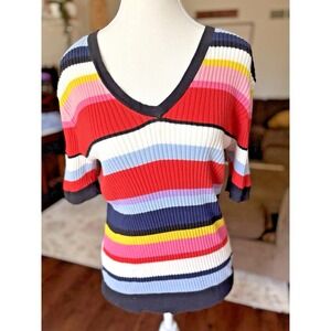Trina Turk V-Neck‎ Multi Colored Striped Stretch Knit Short Sleeve Pullover XL